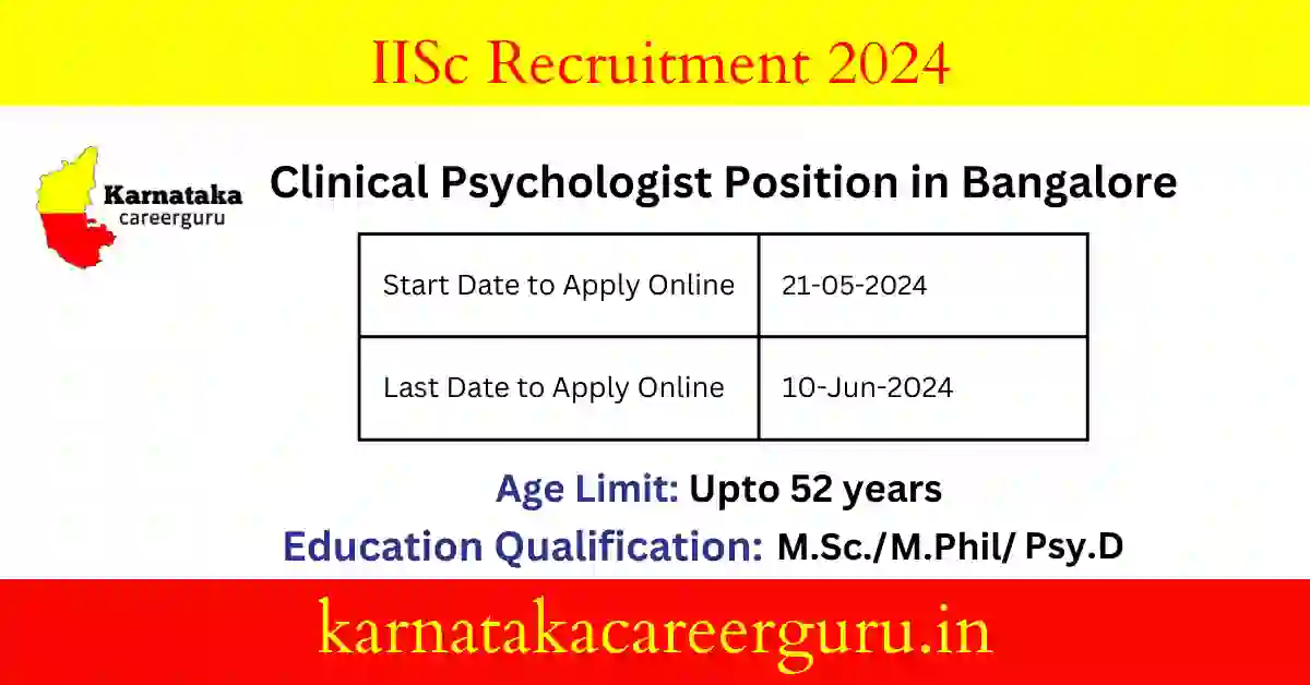 IISc Recruitment 2024: Apply Online for Clinical Psychologist Position in Bangalore